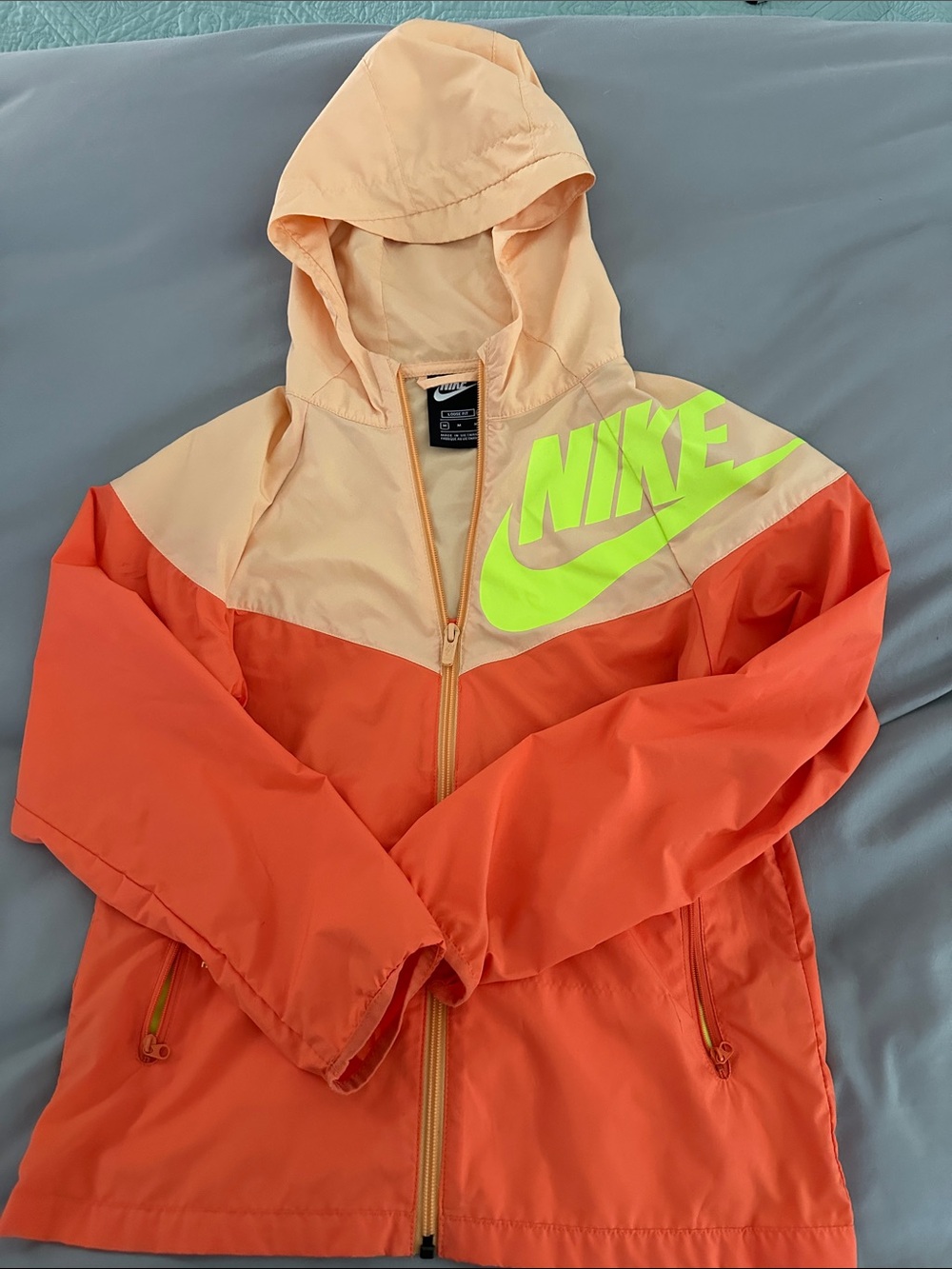 Nike Peach and Coral Colorblock Windbreaker with Neon Yellow Logo